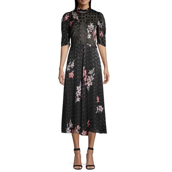 REBECCA TAYLOR   Noha Puff Sleeve Floral Midi Dress In Black Combo size 8 - Picture 1 of 15